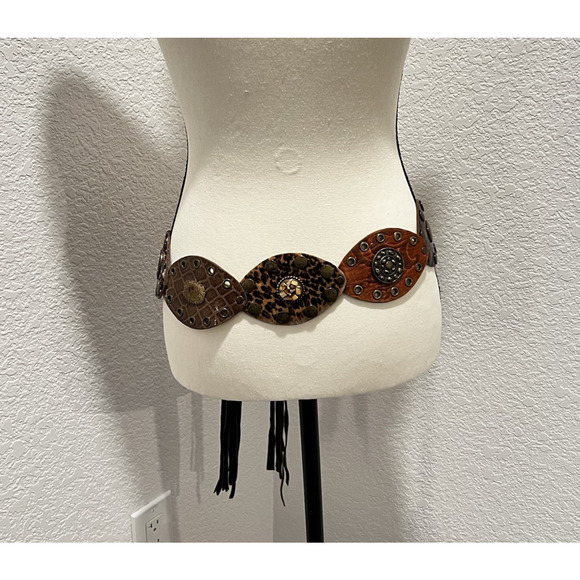 Leatherock Wide Brown Mixed Leather Ovals Joined Belt Boho 2059 M/L Fringe Tie - Picture 6 of 14